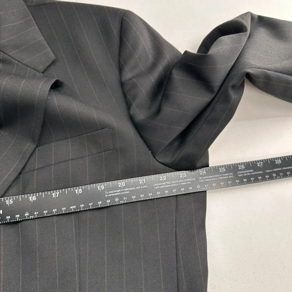 Tailors Row Mens‎ Pinstripe Black Wool Suit Jacket Blazer 46R Single Breasted